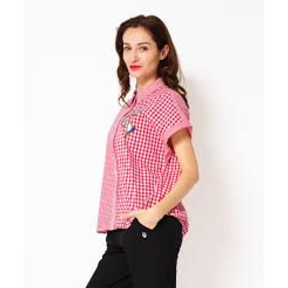 American Sweetheart‎ Pink White Gingham Hummingbird Embroidered Short Sleeve Top